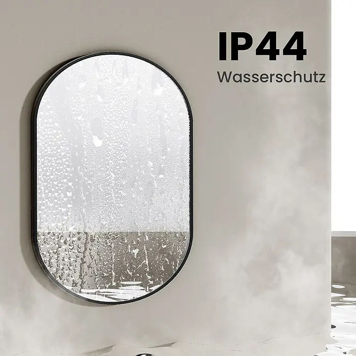 OvalRahmen Wandspiegel OM18 -  - Ovaler Spiegel mit schwarzem Rahmen, bedeckt mit Kondenswasser, betont den IP44 Wasserschutz für feuchte Umgebungen.