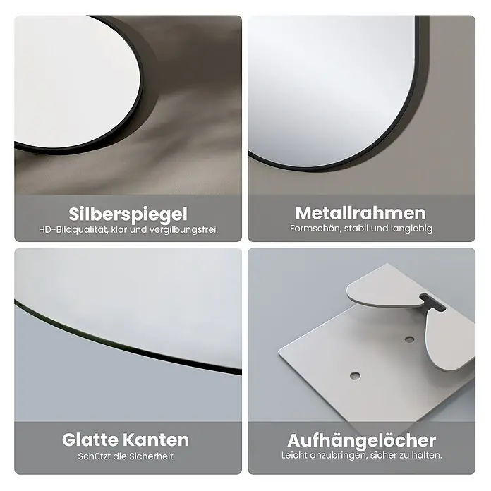 Emke Rahmenspiegel OM18 - Glas - Spiegeldetails: Silberspiegel, HD-Qualität, Metallrahmen, glatte Kanten & Aufhängelöcher. Stabil, sicher, langlebig, einfach zu montieren.