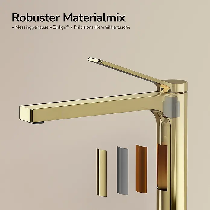 Wasserhahn Arcspout XF21 Lang -  - Goldener Wasserhahn mit robustem Materialmix: Messinggehäuse, Zinkgriff, Präzisions-Keramikkartusche.