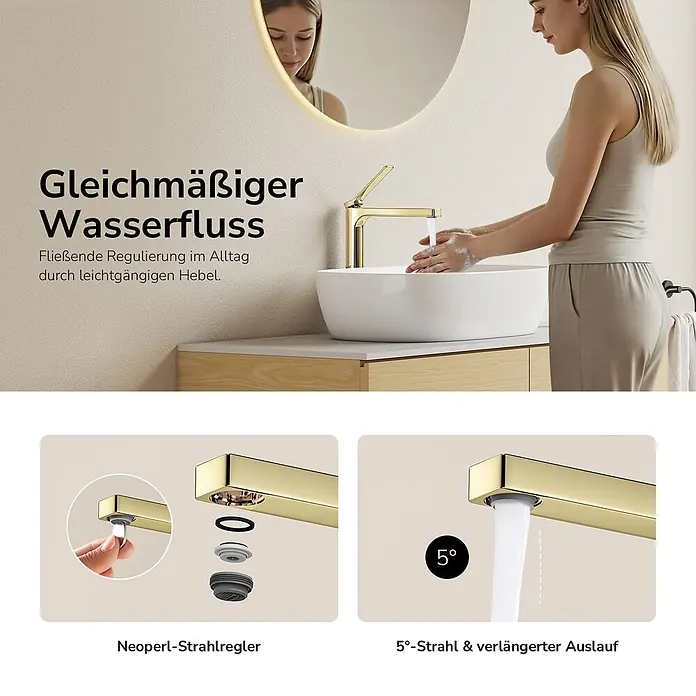 Wasserhahn Arcspout XF21 Lang -  - Goldener Wasserhahn mit gleichmäßigem Wasserfluss, Neoperl-Strahlregler und 5°-geneigtem, verlängertem Auslauf.