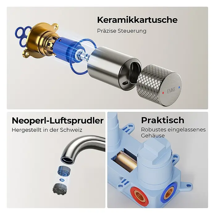Emke Waschtischarmatur Griprill XF22 - Grau, Glänzend - Drei Ansichten von Wasserhahn-Komponenten: Keramikkartusche, Schweizer Luftsprudler und robustes Unterputzgehäuse mit Anschlüssen.