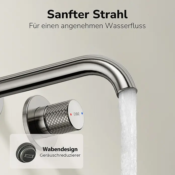 Emke Waschtischarmatur Griprill XF22 - Grau, Glänzend - Gebürsteter Chromarmatur mit sanftem Wasserstrahl und Waben-Luftsprudler zur Geräuschreduzierung.