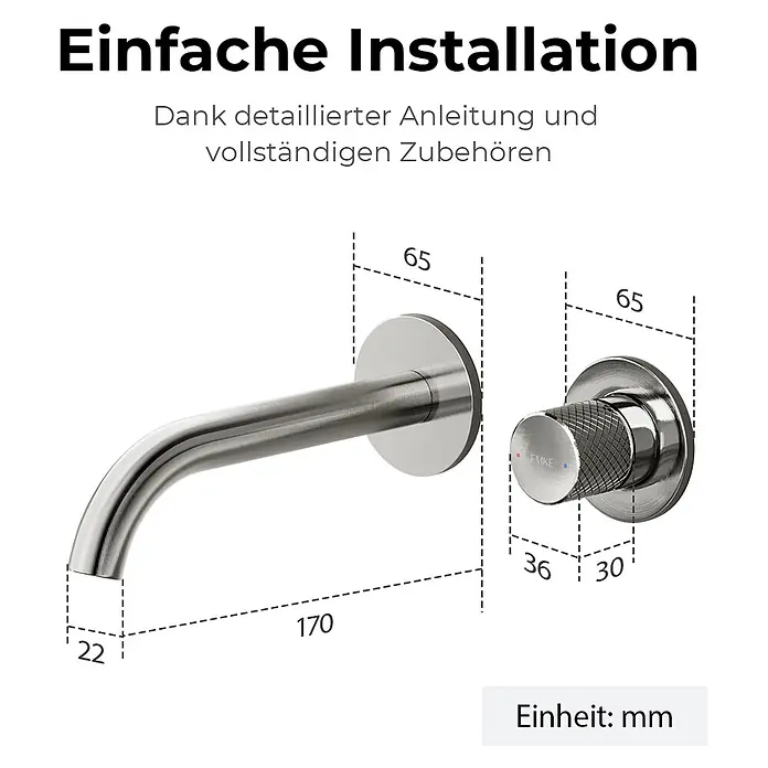 Emke Waschtischarmatur Griprill XF22 - Grau, Glänzend - Gebürsteter Metall-Wandhahn mit separatem Bedienknebel, Maße darstellend.