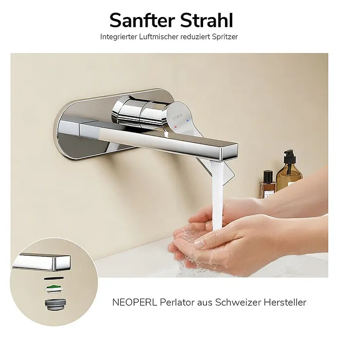 Emke Waschtischarmatur Arcspout XF22 - Chrom, Glänzend - Chrom-Wandarmatur mit sanftem, spritzreduzierendem Wasserstrahl in Hände fließend. Integrierter NEOPERL Perlator.
