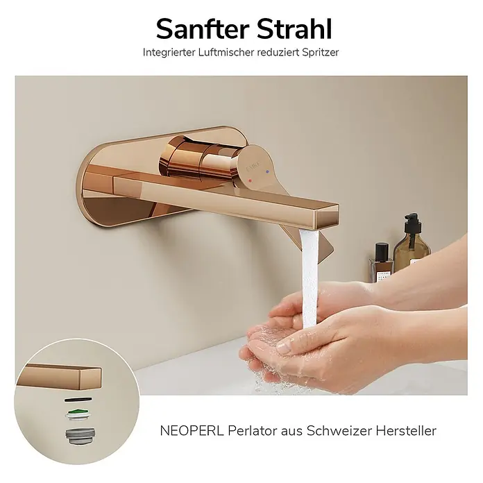 Emke Waschtischarmatur Arcspout XF22 - Roségold, Glänzend - Roségoldener Wandwasserhahn mit NEOPERL Perlator, der einen sanften, spritzarmen Strahl ins Hände spült.
