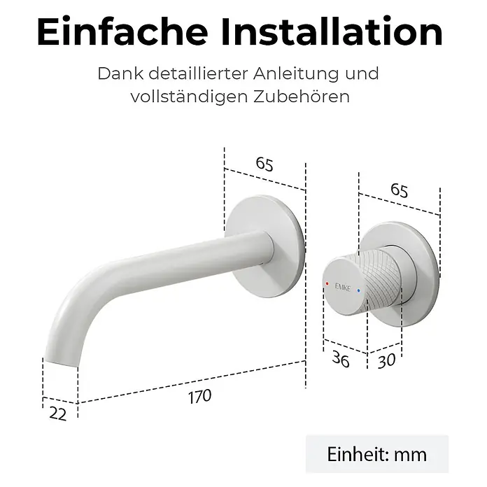 Emke Waschtischarmatur Griprill XF22 - Weiß, Matt - Weiße, wandmontierte Badarmatur mit separatem Wasserhahn und Drehgriff, Maßangaben in mm.
