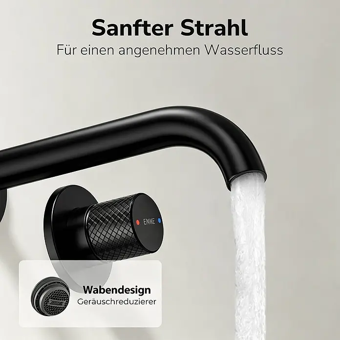 Emke Waschtischarmatur Griprill XF22 - Schwarz, Matt - Schwarzer wandmontierter Wasserhahn mit fließendem Wasser und Wabenbelüfter für sanften, leisen Fluss.