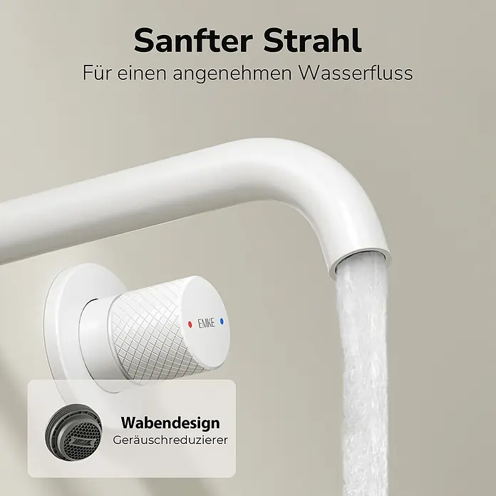 Waschtischarmatur Griprill XF22 -  - Weißer Wasserhahn mit sanftem Wasserstrahl, Nahaufnahme des Wabendesign-Luftsprudlers zur Geräuschreduzierung.