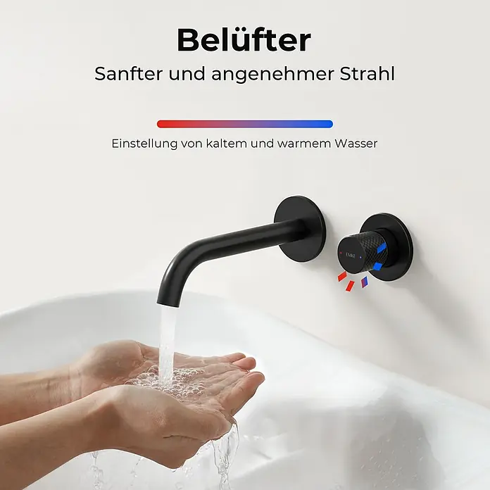 Emke Waschtischarmatur Griprill XF22 - Schwarz, Matt - Mattschwarze Wandarmatur mit Einhebelbedienung für Kalt-/Warmwasser, sanfter, belüfteter Strahl. Hände waschen im Becken.