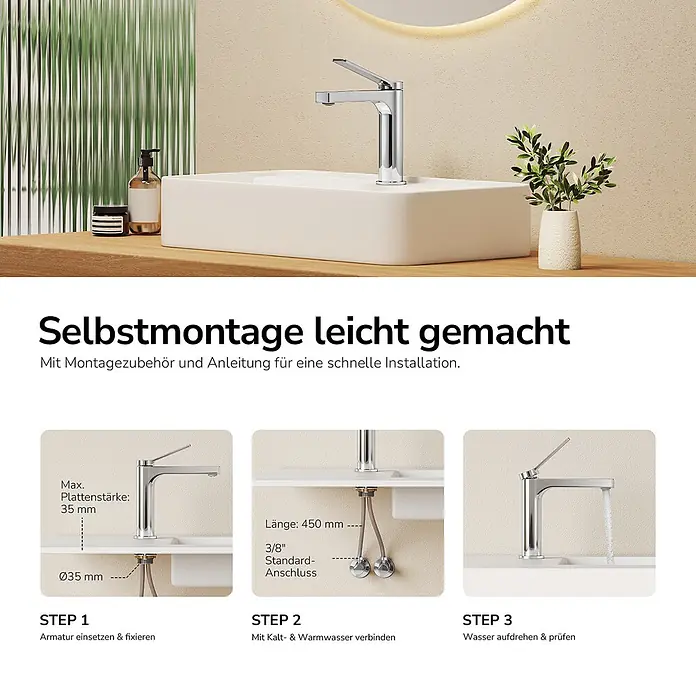 Emke Waschtischarmatur Arcspout XF21 - Chrom, Glänzend - Verchromter Einhebel-Waschtischarmatur auf weißem Becken. Mitgeliefertes Zubehör für schnelle 3-Schritt-Installation.