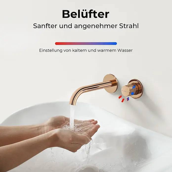 Emke Waschtischarmatur Griprill XF22 - Roségold, Glänzend - Roségoldener Wandhahn und Mischer, Wasser fließt in die Hände im weißen Waschbecken, mit Warm- und Kaltwassereinstellung.