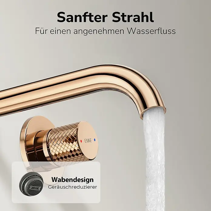 Emke Waschtischarmatur Griprill XF22 - Roségold, Glänzend - Roségoldener Wasserhahn mit sanftem Wasserstrahl und Wabendesign-Geräuschreduzierer für angenehmen Fluss.