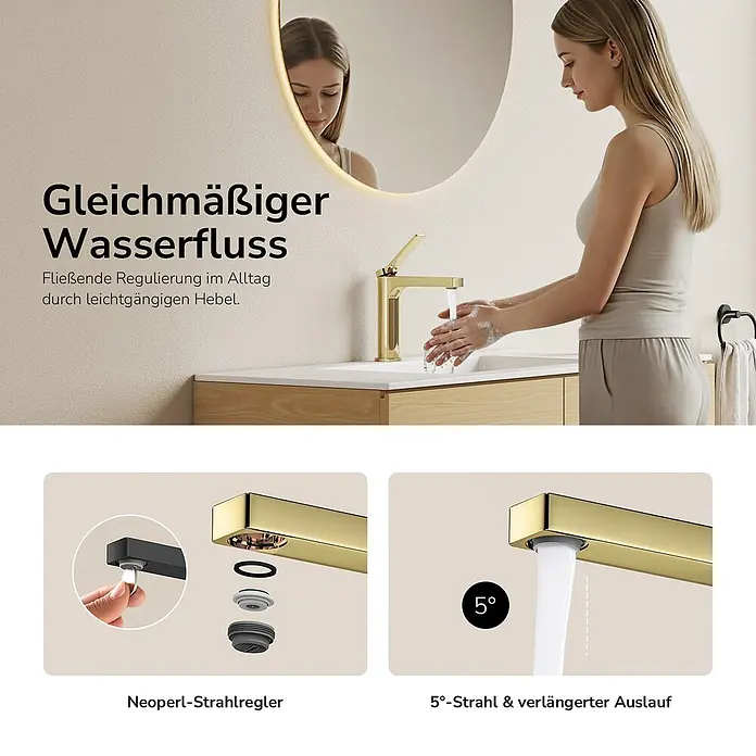 Emke Waschtischarmatur Arcspout XF21 - Gold, Glänzend - Goldene Badarmatur mit Frau, die Hände wäscht. Zeigt Neoperl-Strahlregler und einen 5-Grad-Strahl mit verlängertem Auslauf.