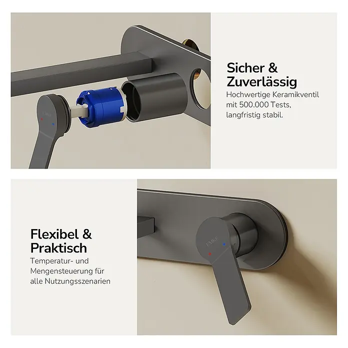 Emke Waschtischarmatur Arcspout XF22 - Grau, Matt - Dunkelgraue Armatur mit Keramikventil für langlebige und flexible Temperatur- und Mengensteuerung.