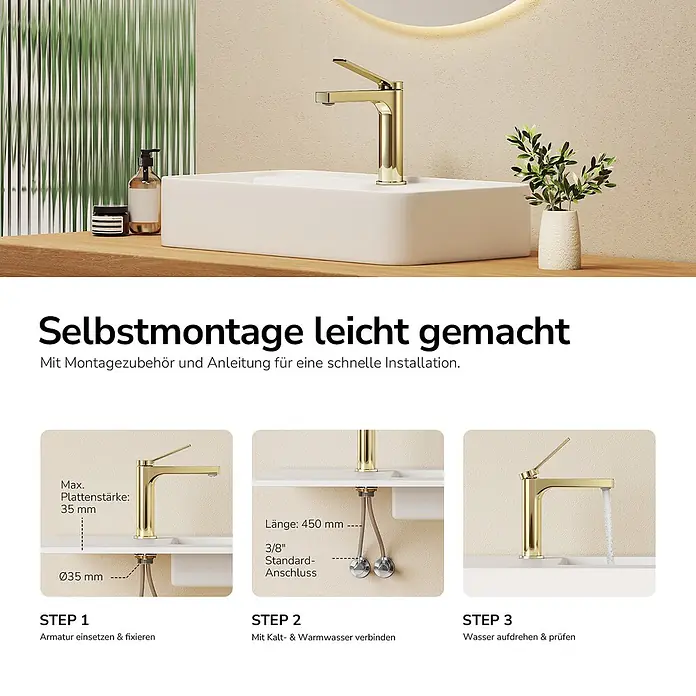 Emke Waschtischarmatur Arcspout XF21 - Gold, Glänzend - Goldfarbener Wasserhahn auf einem Waschbecken. Drei Schritte unten zeigen die einfache Installation.