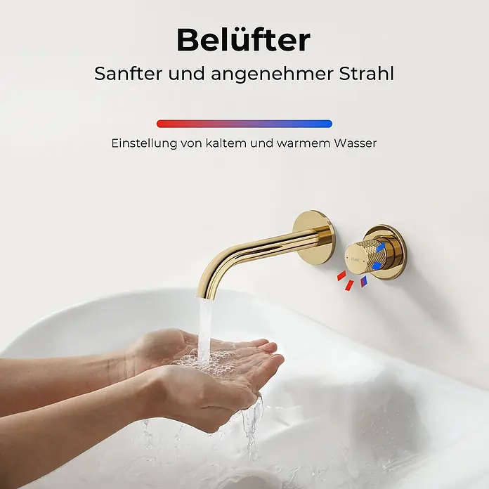 Emke Waschtischarmatur Griprill XF22 - Gold, Glänzend - Vergoldete Wandarmatur mit Drehknopf, die einen sanften, einstellbaren Kalt- und Warmwasserstrahl in ein Waschbecken abgibt.