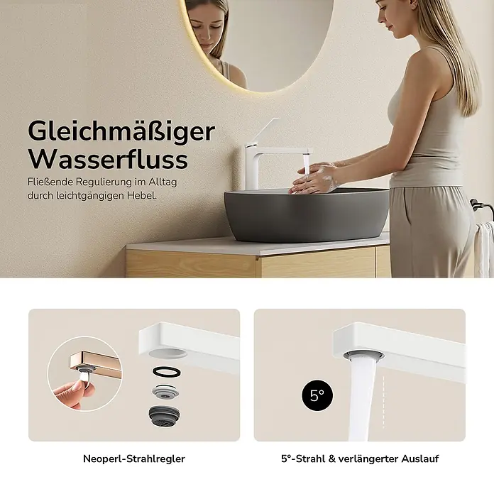 Emke Waschtischarmatur Arcspout XF21 - Weiß, Matt - Weißer Wasserhahn mit gleichmäßigem Wasserfluss durch leichtgängigen Hebel, Neoperl-Strahlregler und 5°-Schrägstrahl.