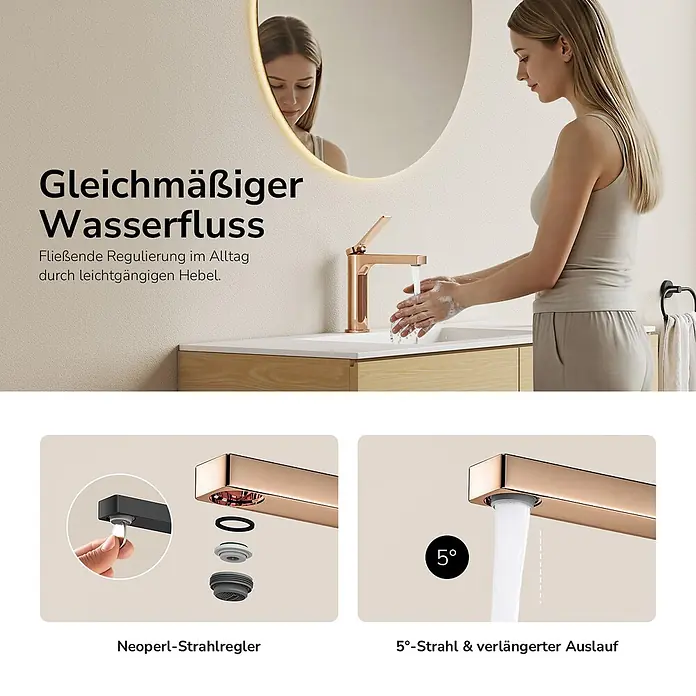 EMKE Wasserhahn Arcspout XF21 Kurz -  - Roségoldener Badarmatur mit sanftem Wasserfluss, Neoperl-Strahlregler und 5° verlängertem Auslauf für komfortable Nutzung.