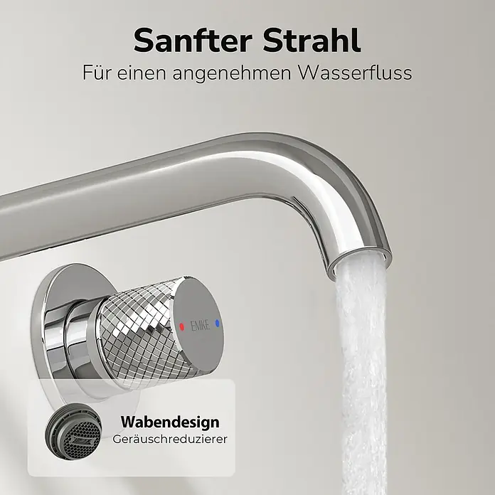 Emke Waschtischarmatur Griprill XF22 - Chrom, Glänzend - Verchromter Wasserhahn mit sanftem Wasserstrahl, strukturiertem Bedienknopf und Wabendesign-Geräuschreduzierer.