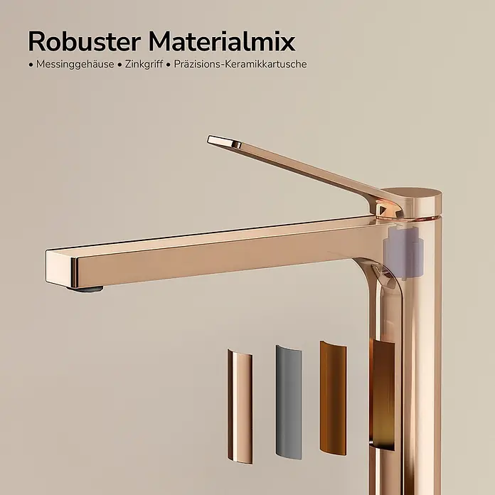 EMKE Wasserhahn Arcspout XF21 Lang -  - Rosegoldene Armatur mit Schnittbild: Messinggehäuse, Zinkgriff, Präzisions-Keramikkartusche.