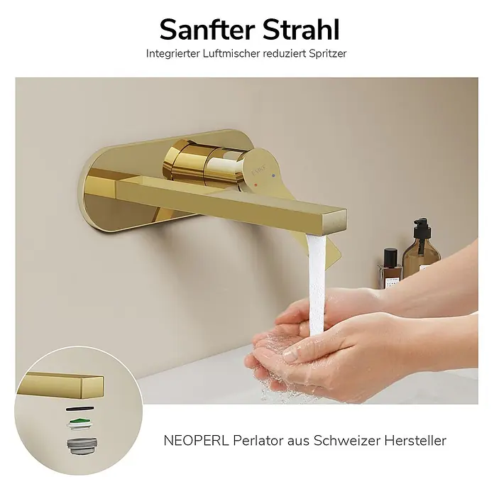 Einhebelmischer Wasserhahn Arcspout XF22 -  - Goldene Wandarmatur mit sanftem, spritzarmem Wasserstrahl zum Händewaschen. Ein Einsatz zeigt die Perlator-Bestandteile.