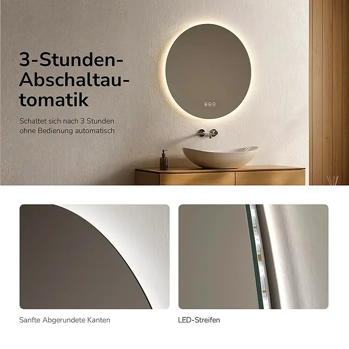 Emke Lichtspiegel Glowrim OLM03 - 60 x 60 cm - Runder LED-Spiegel mit Hintergrundbeleuchtung und sanft abgerundeten Kanten, mit 3-Stunden-Abschaltautomatik.