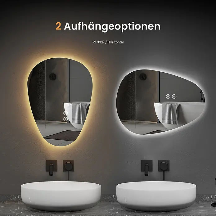 EMKE Lichtspiegel Glowrim LM33, 60x45 cm, 3 Lichtfarben, Antibeschlag -  - Unregelmäßig geformter LED-Badezimmerspiegel mit beleuchteten Kanten, gezeigt in warmem und kühlem Licht, für vertikale/horizontale Montage.