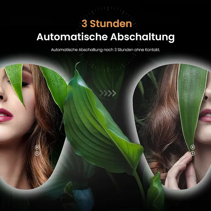 Emke Lichtspiegel Glowrim LM33 -  - Werbung für automatische 3-Stunden-Abschaltung eines Beauty-Geräts. Zeigt Gesicht, grüne Blätter und Symbole für Wärme/Vibration.
