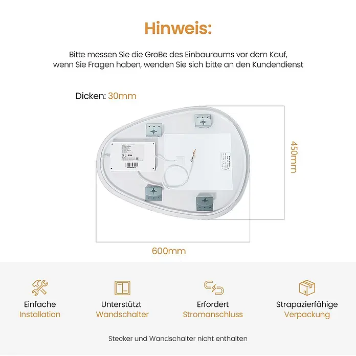 Emke Lichtspiegel Glowrim LM33 -  - Rückseite eines weißen, unregelmäßig geformten LED-Badezimmerspiegels mit Anschlüssen und Befestigung, Maße 600x450x30mm.