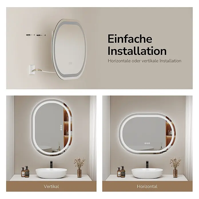 Lichtspiegel Dimlite OLM06, oval 60×80cm, dimmbar, Anti-Beschlag -  - Ovaler LED-Badspiegel mit Hintergrundbeleuchtung, touch-gesteuert. Kann einfach vertikal oder horizontal montiert werden, gezeigt über einem Waschbecken.