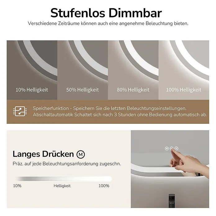 Lichtspiegel Dimlite OLM06, oval 50×70cm, dimmbar, Anti-Beschlag -  - Dimmbarer Spiegel mit Touch-Bedienung. Zeigt stufenlose Helligkeitsstufen und Speicherfunktion für Beleuchtungseinstellungen.