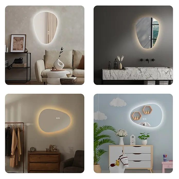 EMKE Lichtspiegel Glowrim LM33, 60x45 cm, 3 Lichtfarben, Antibeschlag -  - Wandmontierter, unregelmäßig geformter LED-Spiegel mit Umgebungsbeleuchtung und Touch-Steuerung, der das Raumdekor bereichert.