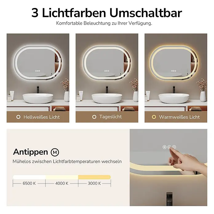 Lichtspiegel Dimlite OLM06, oval 60×80cm, dimmbar, Anti-Beschlag -  - Ovaler LED-Badezimmerspiegel mit drei einstellbaren Lichtfarben (kühl, neutral, warm) und Touch-Steuerung.