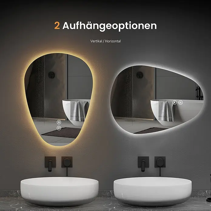 Emke Lichtspiegel Glowrim LM33 -  - Zwei beleuchtete, organisch geformte Badezimmerspiegel mit warmem und kühlem Licht. Zeigt vertikale/horizontale Aufhängeoptionen.