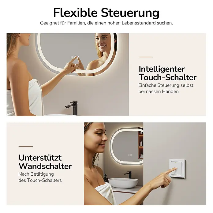 Lichtspiegel Dimlite OLM06, oval 60×80cm, dimmbar, Anti-Beschlag -  - Frau bedient intelligenten LED-Badezimmerspiegel, zeigt Touch-Steuerung und Kompatibilität mit Wandschalter.