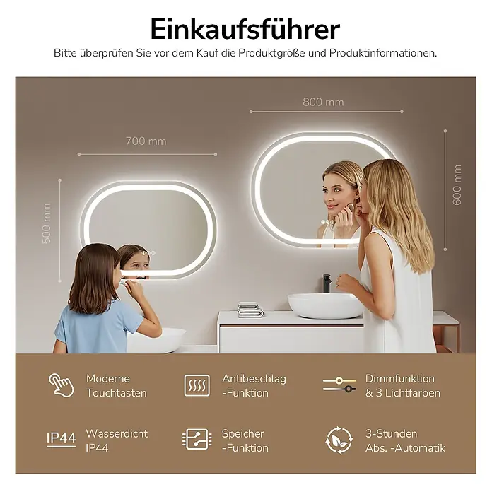 Lichtspiegel Dimlite OLM06, oval 60×80cm, dimmbar, Anti-Beschlag -  - Zwei beleuchtete ovale Badezimmerspiegel, in Gebrauch gezeigt, mit Maßen (700x500mm, 800x600mm) und Funktionen wie Dimmung, Antibeschlag und Touch-Tasten.