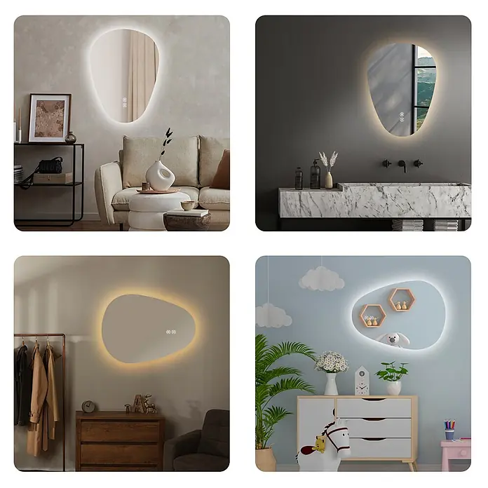 Emke Lichtspiegel Glowrim LM33 -  - Moderner LED-Hintergrundbeleuchtungsspiegel mit organischer Form und Touch-Steuerung, in verschiedenen Wohnräumen gezeigt.