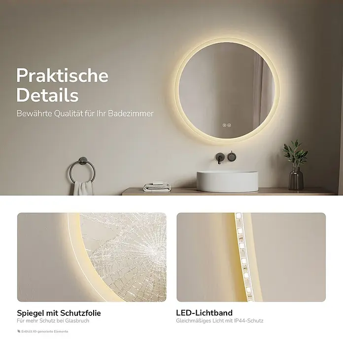 Lichtspiegel Dimlite OLM01 Rund 60×60cm -  - Runder LED-Badezimmerspiegel mit beleuchtetem Rahmen; Einsätze zeigen Schutzfolie und IP44-LED-Lichtband.
