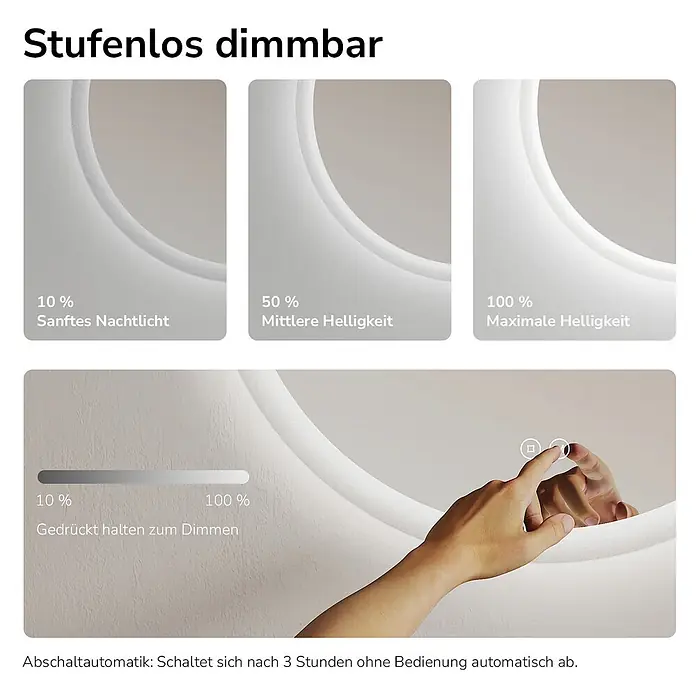 Emke Lichtspiegel Dimlite OLM01 - 60 x 60 cm - Runder Spiegel mit integrierter LED-Beleuchtung, stufenlos dimmbar von sanftem Nachtlicht bis maximaler Helligkeit per Touch-Steuerung.