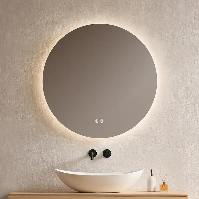 Emke Lichtspiegel Glowrim OLM03 - 80 x 80 cm - Runder hinterleuchteter Spiegel über weißem Aufsatzwaschbecken mit schwarzem Wandhahn und Holztheke.