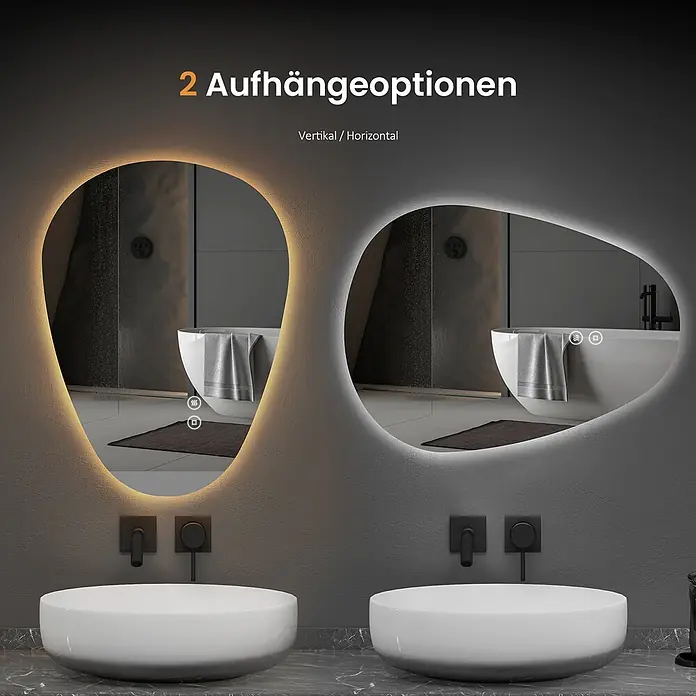 Emke Lichtspiegel Glowrim LM33 -  - Zwei unregelmäßig geformte LED-Spiegel, vertikal mit warmem und horizontal mit kaltem Licht, zeigen Aufhängeoptionen.