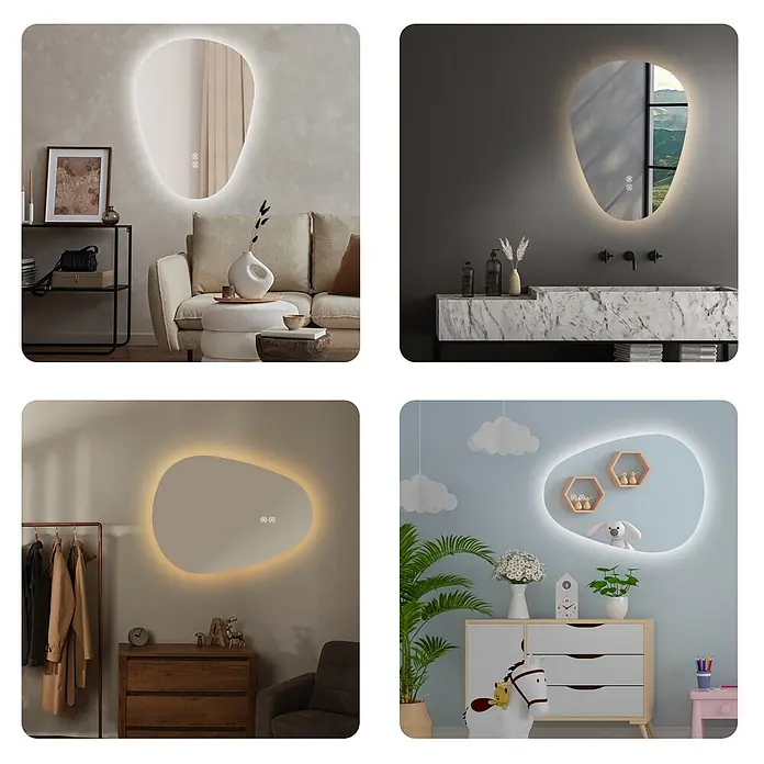 Emke Lichtspiegel Glowrim LM33 -  - Unregelmäßig geformter LED-Spiegel mit beleuchteter Hintergrundbeleuchtung und Touch-Steuerung, in verschiedenen modernen Räumen dargestellt.