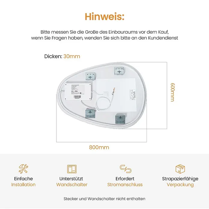 Emke Lichtspiegel Glowrim LM33 -  - Rückseite eines weißen ovalen LED-Badezimmerspiegels mit Maßen (800x600x30mm) und Hinweisen zur Installation und Stromanschluss.