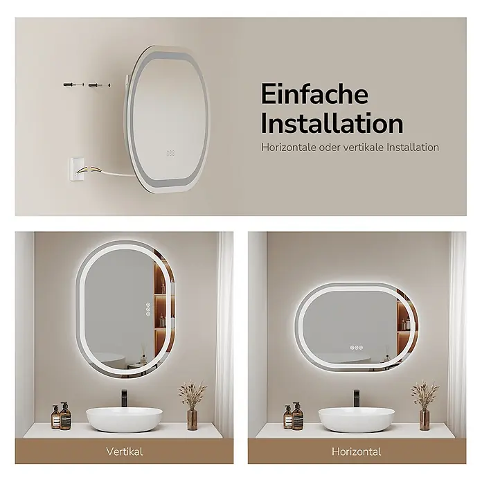 Lichtspiegel Dimlite OLM06, oval 50×70cm, dimmbar, Anti-Beschlag -  - Ovaler LED-Badezimmerspiegel mit beleuchtetem Rahmen und Touch-Bedienung, vertikal und horizontal montierbar.
