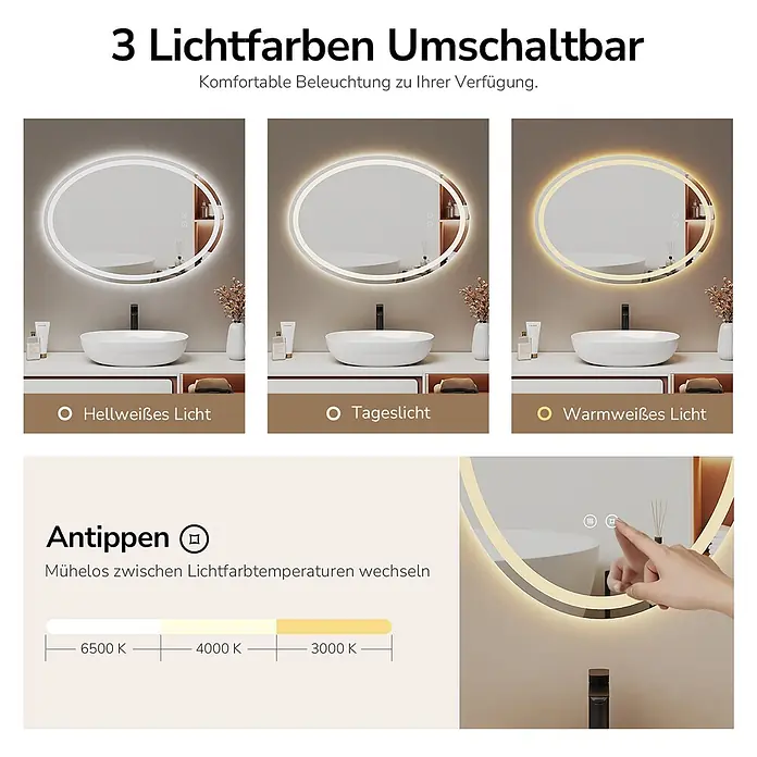 Lichtspiegel  Glowrim OLM19 -  - Ovaler LED-Spiegel mit 3 wählbaren Lichttemperaturen (kühl, natürlich, warmweiß) und Touch-Steuerung.