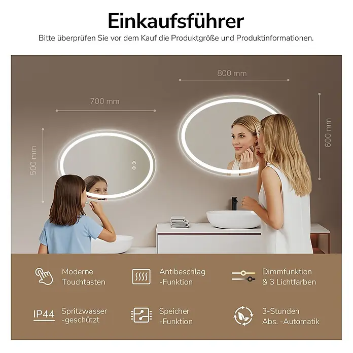 Lichtspiegel Glowrim OLM19 -  - Zwei ovale LED-Badezimmerspiegel (700x500mm, 800x600mm) mit Touch-Steuerung, Antibeschlag, Dimm- und Speicherfunktion.