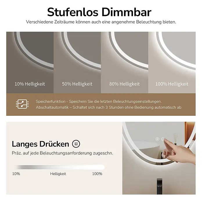 Lichtspiegel Glowrim OLM19 -  - Runder LED-Spiegel mit stufenloser Dimmfunktion und Helligkeitsstufen von 10% bis 100%, inklusive Speicher- und Auto-Off-Funktion.