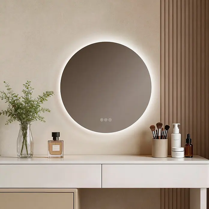 Emke Lichtspiegel Glowrim OLM03 - 70 x 70 cm - Runder LED-Spiegel mit beleuchteten Rändern und Touch-Bedienelementen über einem Schminktisch mit Beauty-Produkten.