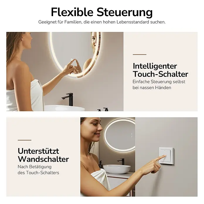 Lichtspiegel Glowrim OLM19 -  - Eine Frau bedient einen runden LED-Spiegel mit Touch-Steuerung und einem externen Wandschalter, was flexible Bedienoptionen zeigt.