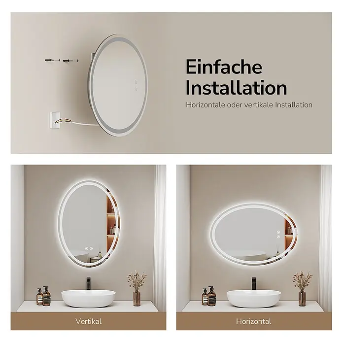 Lichtspiegel Glowrim OLM19 -  - Ovaler LED-Spiegel mit Installationsschritten und Beispielen für vertikale und horizontale Montage über einem Waschbecken.